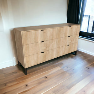 Homeroots 59" Light Natural Manufactured Wood With Black Six Drawer Double Dresser  Manufactured Wood 490828