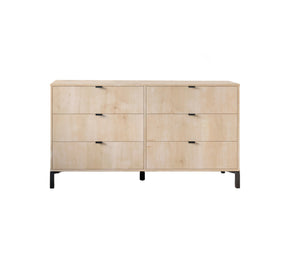 Homeroots 59" Light Natural Manufactured Wood With Black Six Drawer Double Dresser  Manufactured Wood 490828