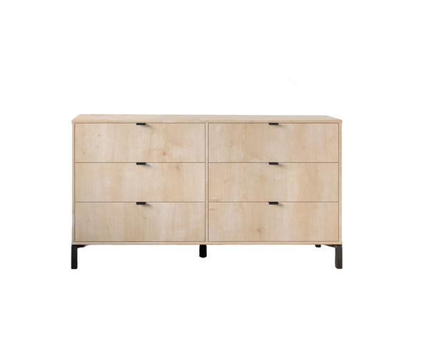 Homeroots 59" Light Natural Manufactured Wood With Black Six Drawer Double Dresser  Manufactured Wood 490828