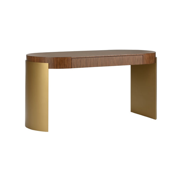 Wildwood Zebrano Desk With Zebrawood Veneer, Brass Accents & Soft-Close Drawers For Stylish Workspace 490830