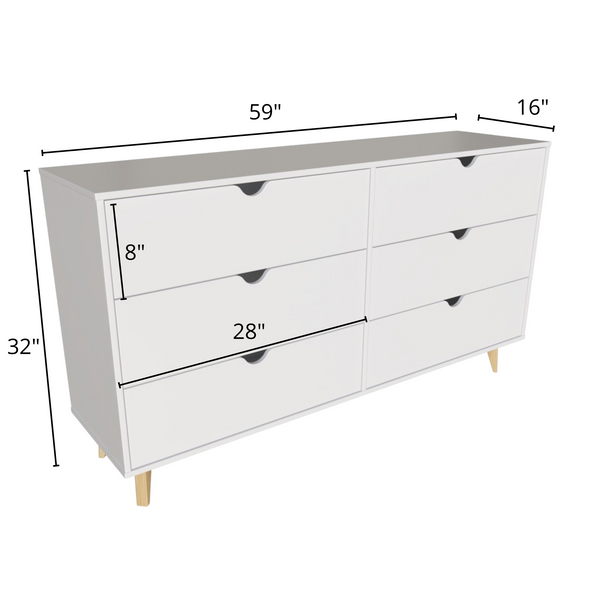 Homeroots 59" White Scoop Handle Six Drawer Double Dresser  Manufactured Wood 490832