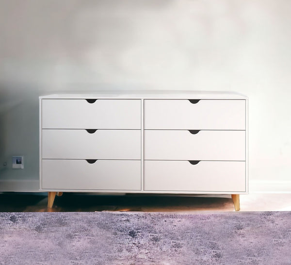 Homeroots 59" White Scoop Handle Six Drawer Double Dresser  Manufactured Wood 490832