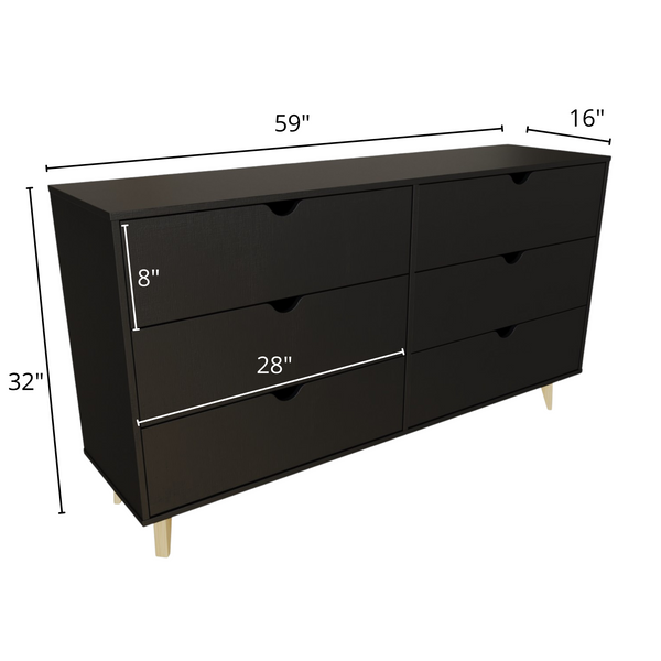 Homeroots 59" Black Scoop Handle Six Drawer Double Dresser  Manufactured Wood 490833