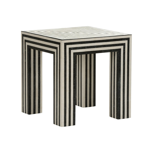 Wildwood Positano Striped Accent Table In Tessellated Black & White Stone — Architectural Sculptural Pedestal 490835