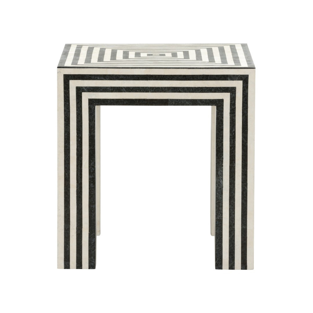 Wildwood Positano Striped Accent Table In Tessellated Black & White Stone — Architectural Sculptural Pedestal 490835