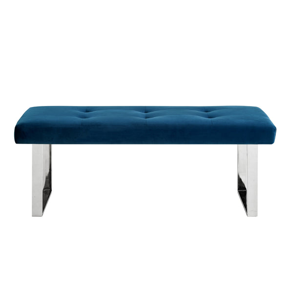 Homeroots 48" Navy Blue And Silver Upholstered Velvet Bench Navy,Chrome,Velvet Manufactured Wood 490835