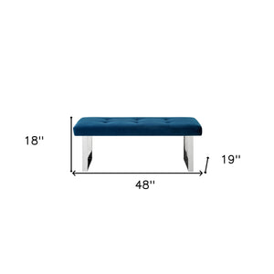 Homeroots 48" Navy Blue And Silver Upholstered Velvet Bench Navy,Chrome,Velvet Manufactured Wood 490835