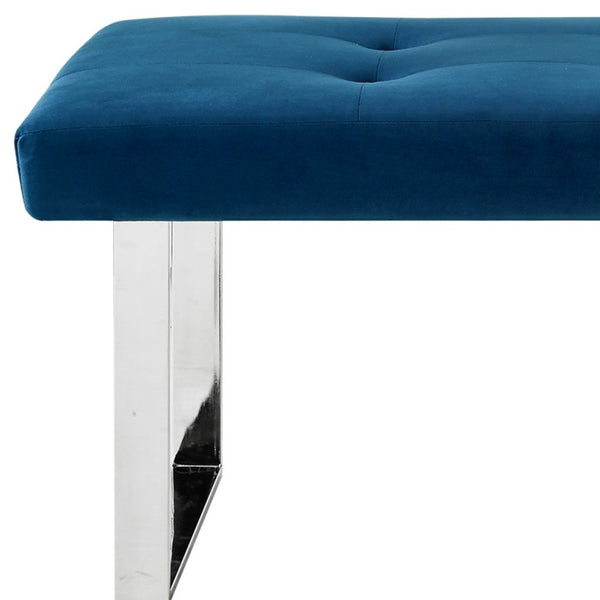Homeroots 48" Navy Blue And Silver Upholstered Velvet Bench Navy,Chrome,Velvet Manufactured Wood 490835