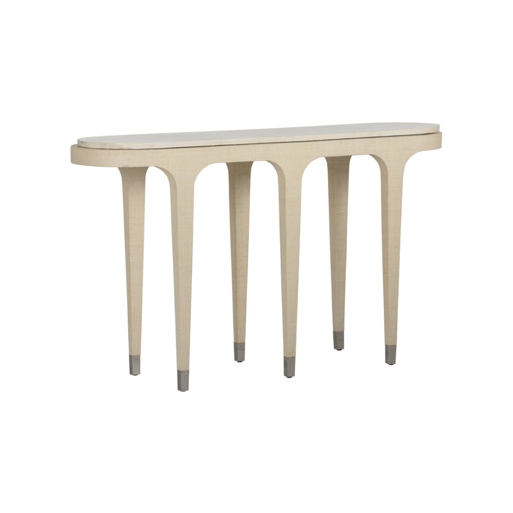 Wildwood Juno Grasscloth Console With Stone Top, Slim Nickel Accents — Refined Coastal-Modern Entryway Centerpiece 490841