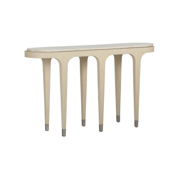 Wildwood Juno Grasscloth Console With Stone Top, Slim Nickel Accents — Refined Coastal-Modern Entryway Centerpiece 490841