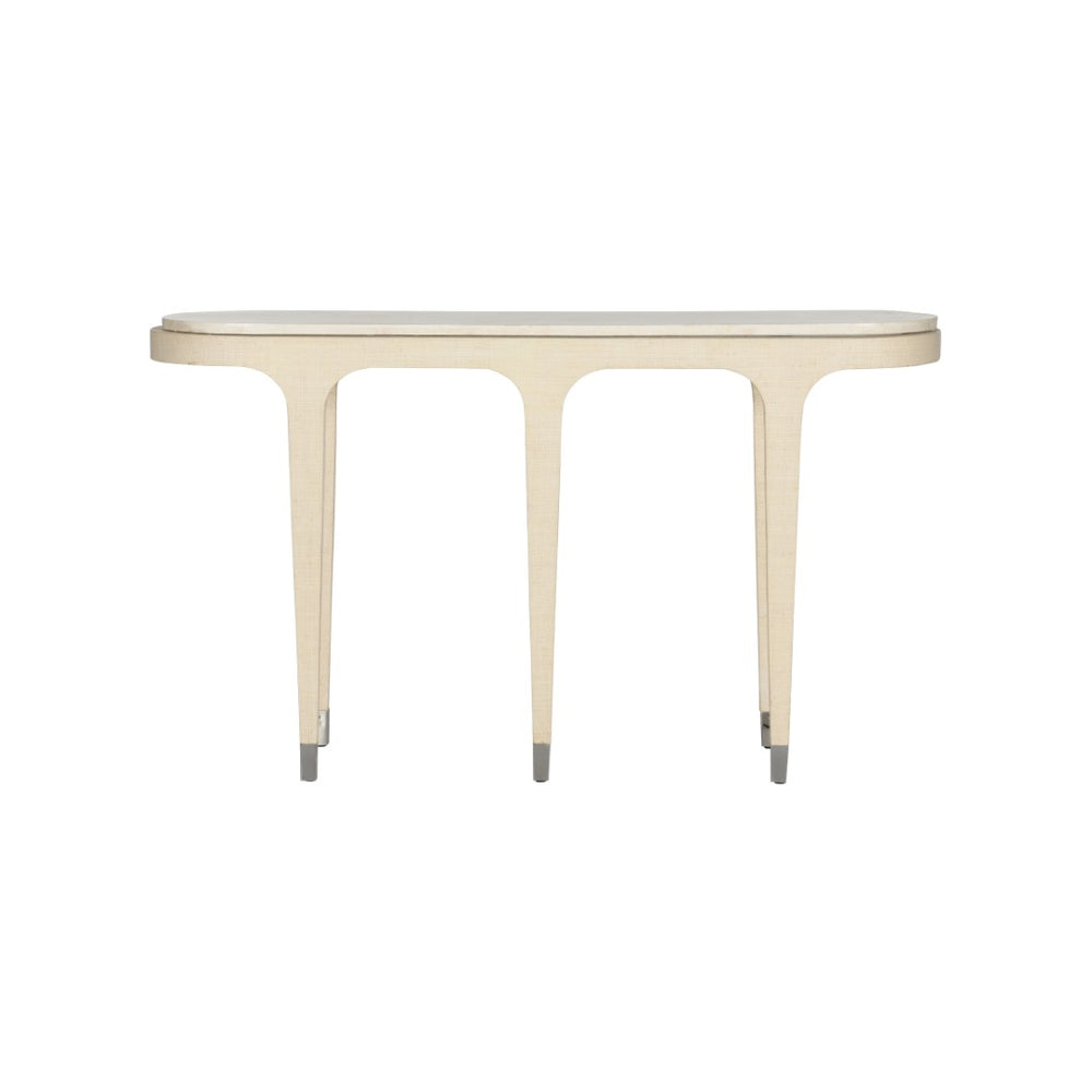 Wildwood Juno Grasscloth Console With Stone Top, Slim Nickel Accents — Refined Coastal-Modern Entryway Centerpiece 490841