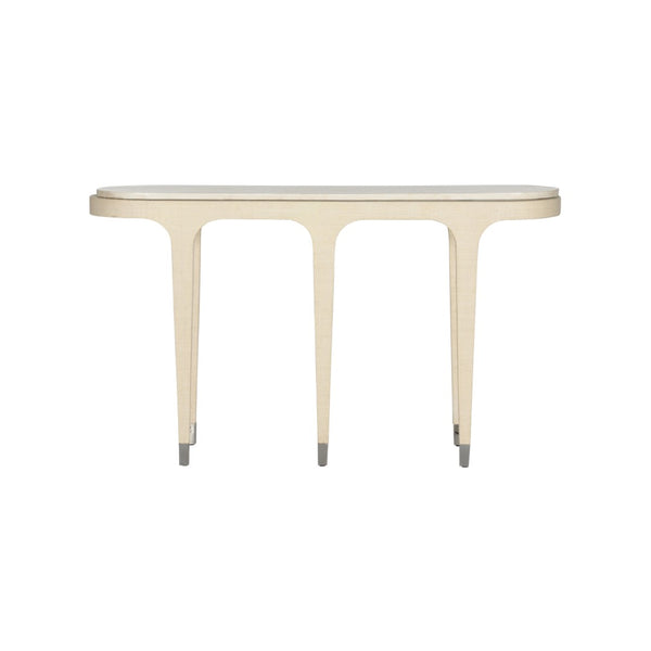 Wildwood Juno Grasscloth Console With Stone Top, Slim Nickel Accents — Refined Coastal-Modern Entryway Centerpiece 490841
