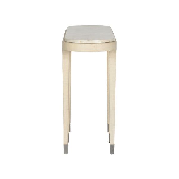 Wildwood Juno Grasscloth Console With Stone Top, Slim Nickel Accents — Refined Coastal-Modern Entryway Centerpiece 490841