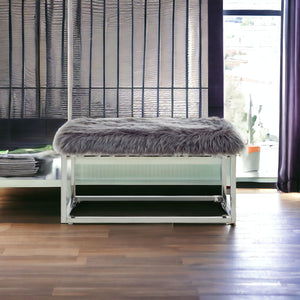 Homeroots 40" Gray And Silver Upholstered Faux Fur Bench Grey Metal 490847