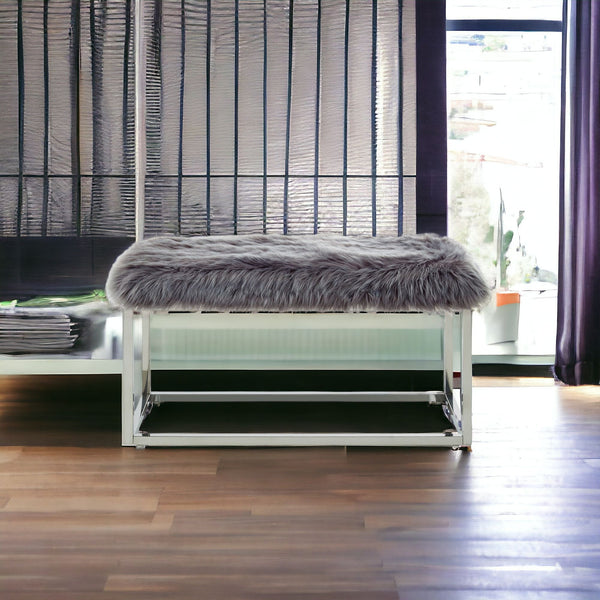Homeroots 40" Gray And Silver Upholstered Faux Fur Bench Grey Metal 490847