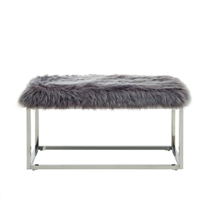 Homeroots 40" Gray And Silver Upholstered Faux Fur Bench Grey Metal 490847