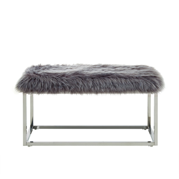 Homeroots 40" Gray And Silver Upholstered Faux Fur Bench Grey Metal 490847