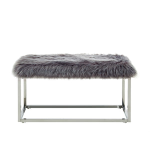 Homeroots 40" Gray And Silver Upholstered Faux Fur Bench Grey Metal 490847