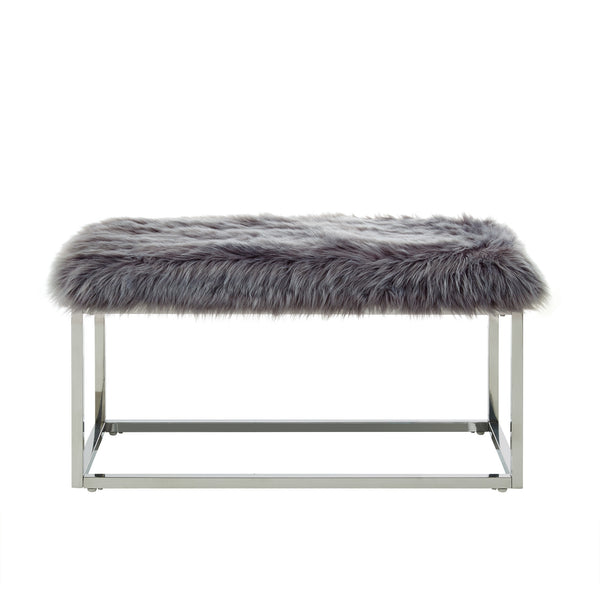 Homeroots 40" Gray And Silver Upholstered Faux Fur Bench Grey Metal 490847
