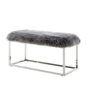 Homeroots 40" Gray And Silver Upholstered Faux Fur Bench Grey Metal 490847