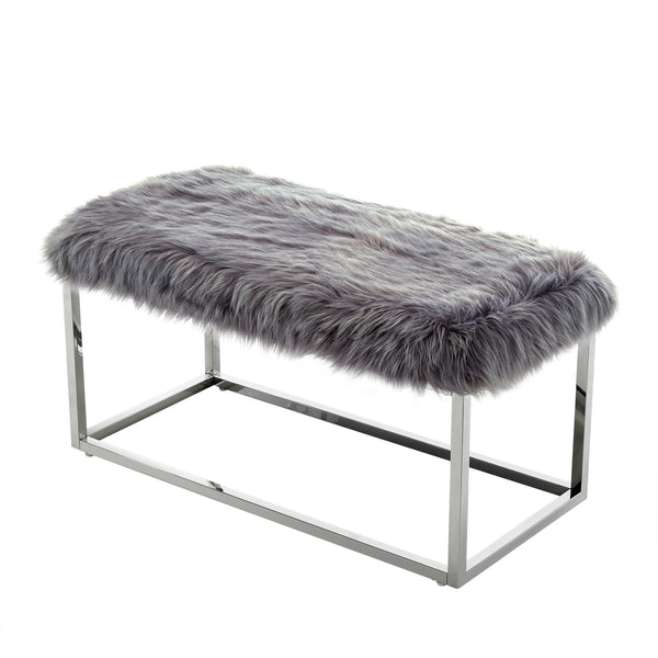 Homeroots 40" Gray And Silver Upholstered Faux Fur Bench Grey Metal 490847