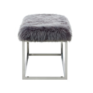 Homeroots 40" Gray And Silver Upholstered Faux Fur Bench Grey Metal 490847