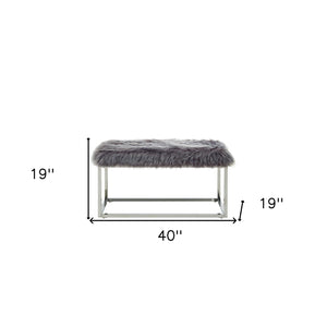 Homeroots 40" Gray And Silver Upholstered Faux Fur Bench Grey Metal 490847