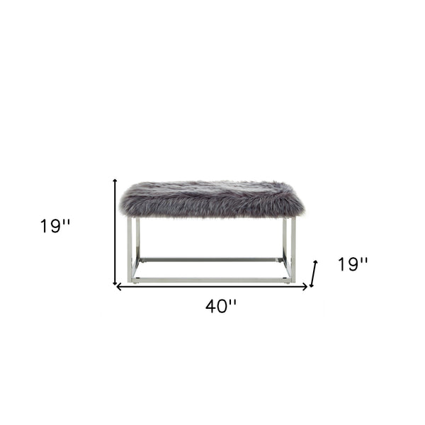 Homeroots 40" Gray And Silver Upholstered Faux Fur Bench Grey Metal 490847