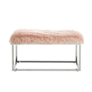 Homeroots 40" Rose And Silver Upholstered Faux Fur Bench Rose Metal 490848