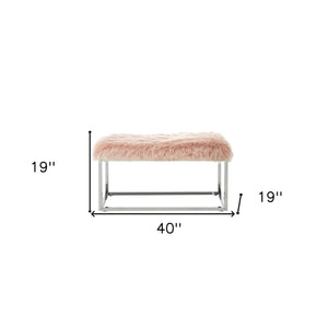 Homeroots 40" Rose And Silver Upholstered Faux Fur Bench Rose Metal 490848