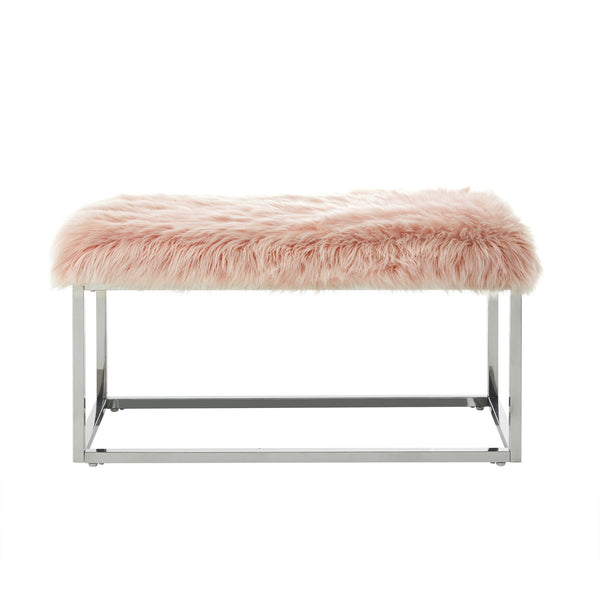 Homeroots 40" Rose And Silver Upholstered Faux Fur Bench Rose Metal 490848