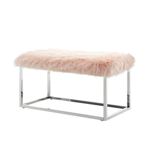 Homeroots 40" Rose And Silver Upholstered Faux Fur Bench Rose Metal 490848