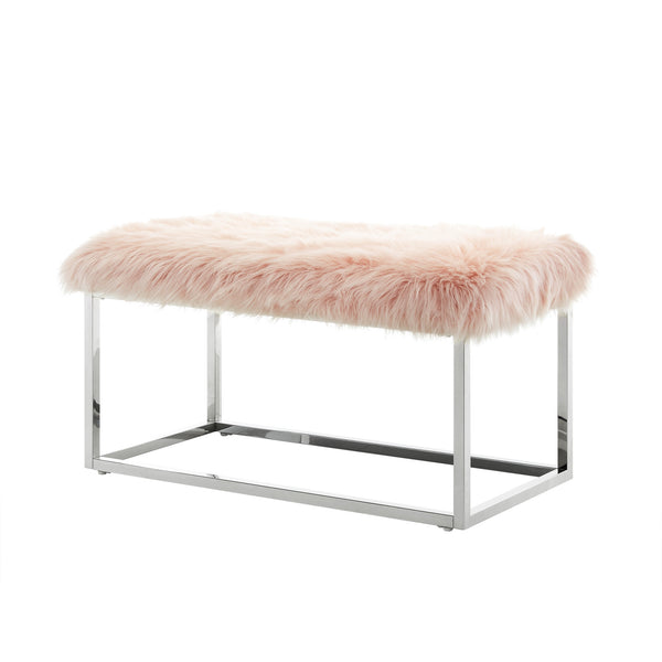 Homeroots 40" Rose And Silver Upholstered Faux Fur Bench Rose Metal 490848