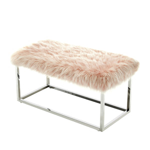 Homeroots 40" Rose And Silver Upholstered Faux Fur Bench Rose Metal 490848