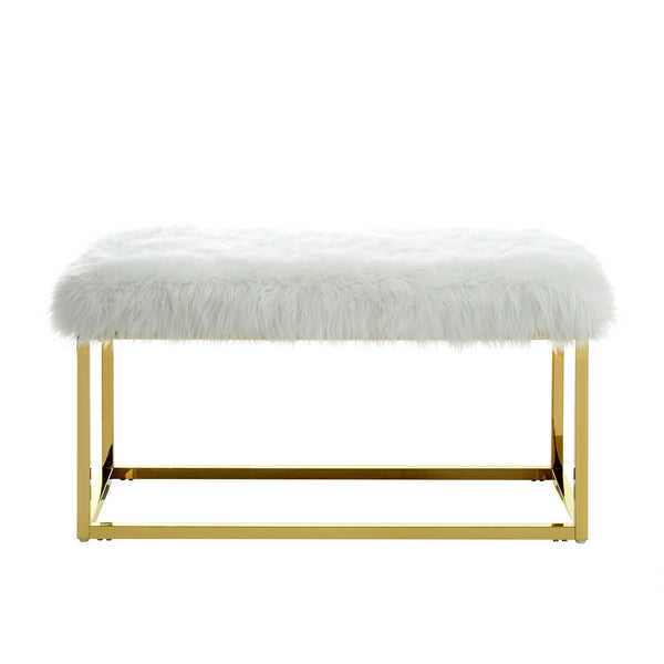 Homeroots 40" White And Gold Faux Fur Upholstered Bench White Metal 490849
