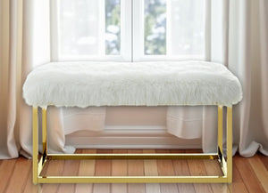 Homeroots 40" White And Gold Faux Fur Upholstered Bench White Metal 490849