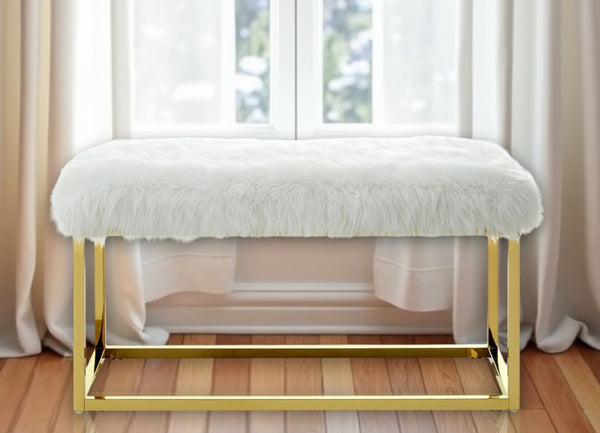 Homeroots 40" White And Gold Faux Fur Upholstered Bench White Metal 490849