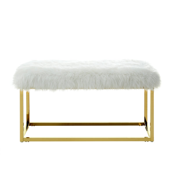 Homeroots 40" White And Gold Faux Fur Upholstered Bench White Metal 490849