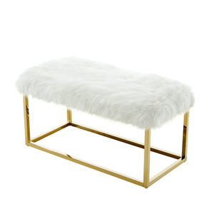 Homeroots 40" White And Gold Faux Fur Upholstered Bench White Metal 490849