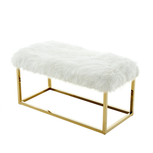 Homeroots 40" White And Gold Faux Fur Upholstered Bench White Metal 490849