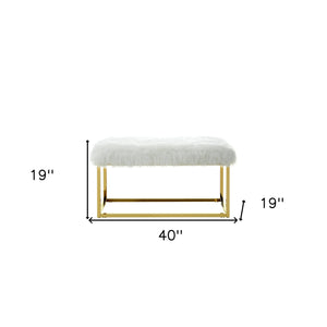 Homeroots 40" White And Gold Faux Fur Upholstered Bench White Metal 490849