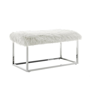 Homeroots 40" White And Silver Upholstered Faux Fur Bench White Metal 490850