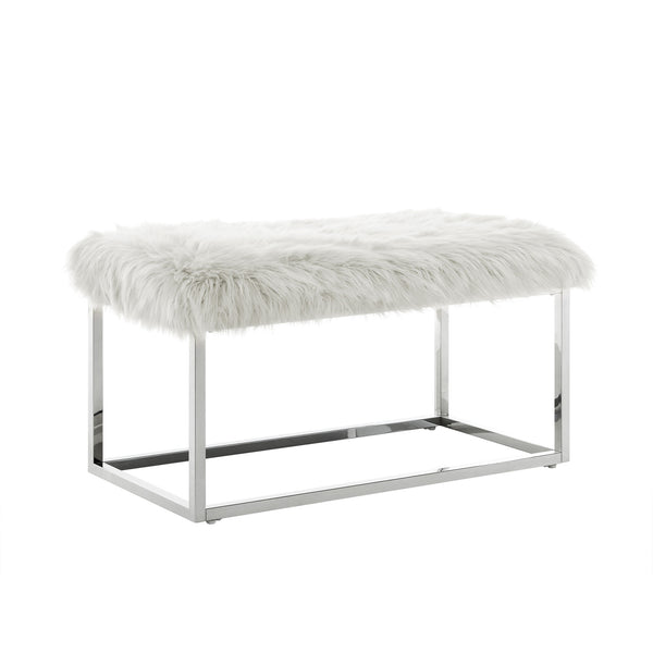 Homeroots 40" White And Silver Upholstered Faux Fur Bench White Metal 490850