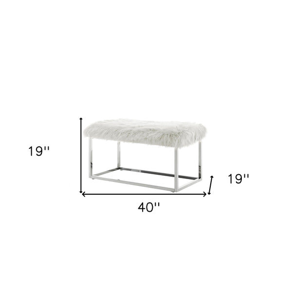 Homeroots 40" White And Silver Upholstered Faux Fur Bench White Metal 490850