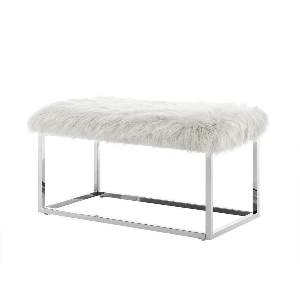 HomeRoots 40" Upholstered Faux Fur Bench with Silver Metal Base – Modern Glam Accent for Any Space White 490850