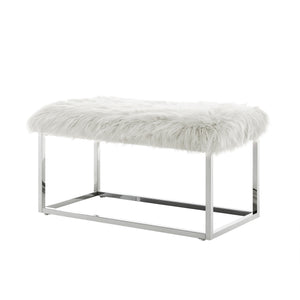 Homeroots 40" White And Silver Upholstered Faux Fur Bench White Metal 490850