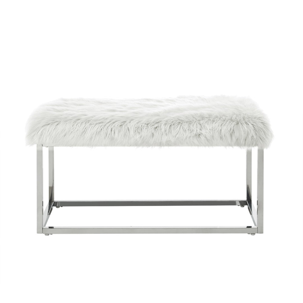 HomeRoots 40" Upholstered Faux Fur Bench with Silver Metal Base – Modern Glam Accent for Any Space White 490850