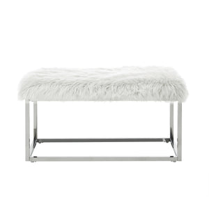 Homeroots 40" White And Silver Upholstered Faux Fur Bench White Metal 490850