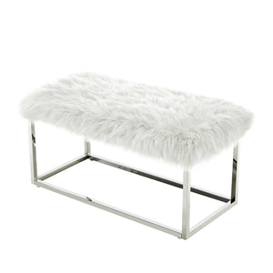Homeroots 40" White And Silver Upholstered Faux Fur Bench White Metal 490850