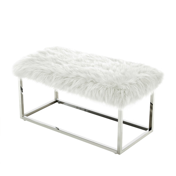 Homeroots 40" White And Silver Upholstered Faux Fur Bench White Metal 490850
